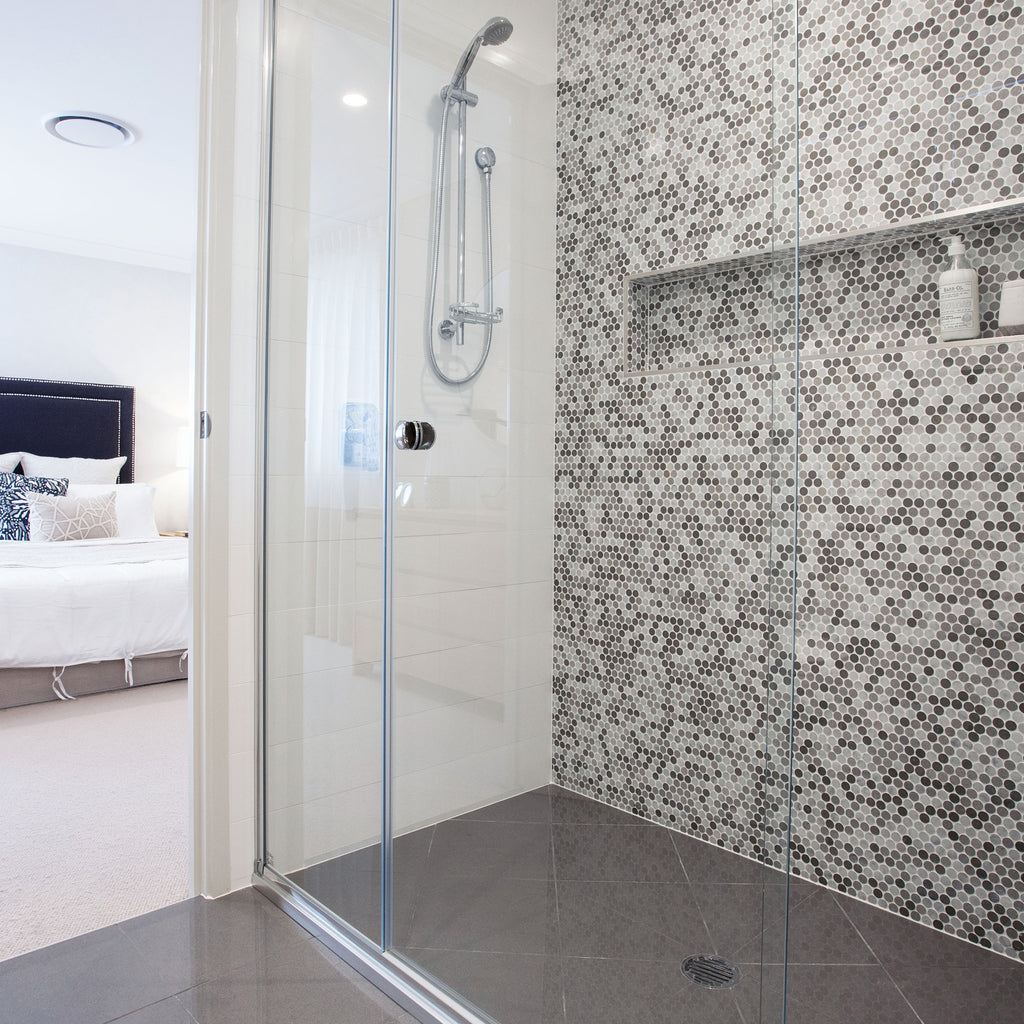 Natural Marble Greige Mix Penny Round Honed Mosaic - lifestyle view
