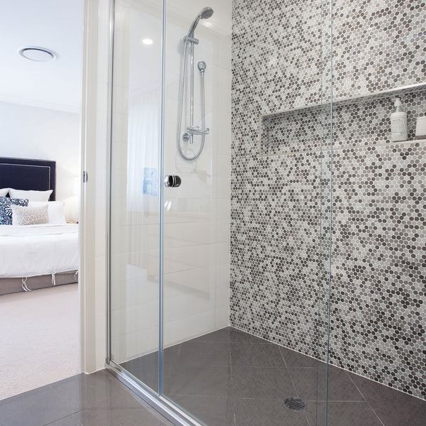 Natural Marble Greige Mix Penny Round Honed Mosaic - lifestyle view