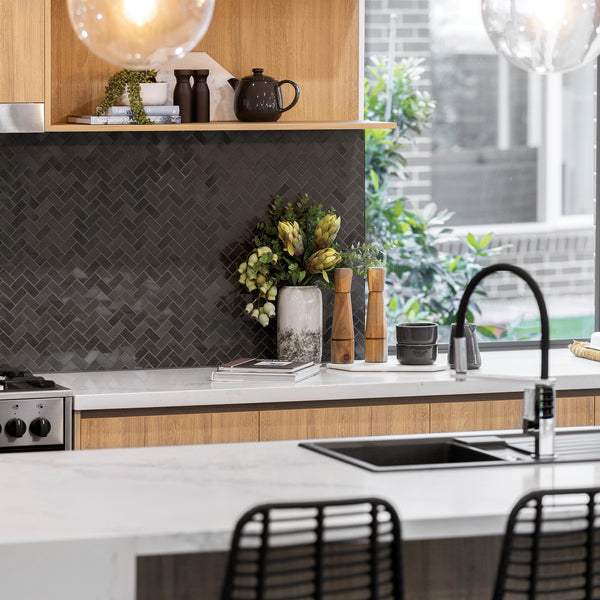 Natural Basalt Grey Herringbone Polished Mosaic - lifestyle view