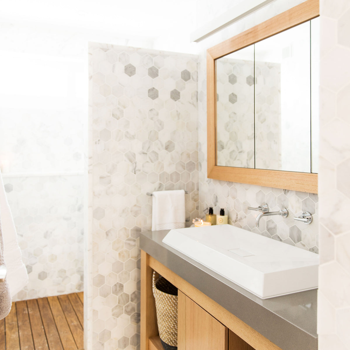 Natural Marble White Calacatta Large Hexagon Honed Mosaic - lifestyle view