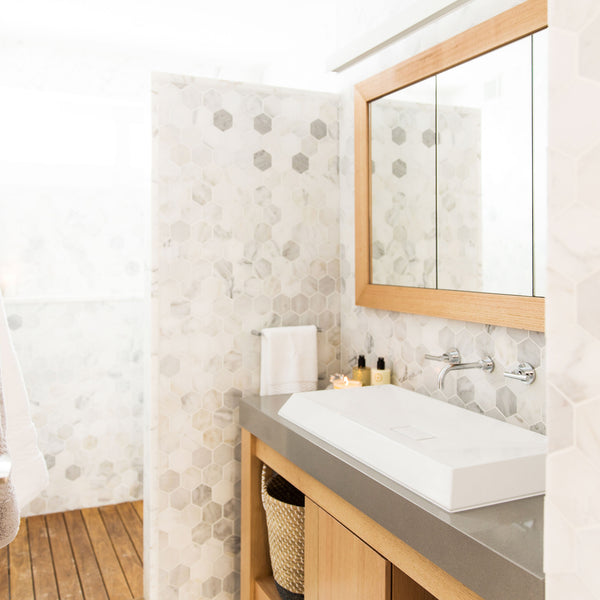 Natural Marble White Calacatta Large Hexagon Honed Mosaic - lifestyle view