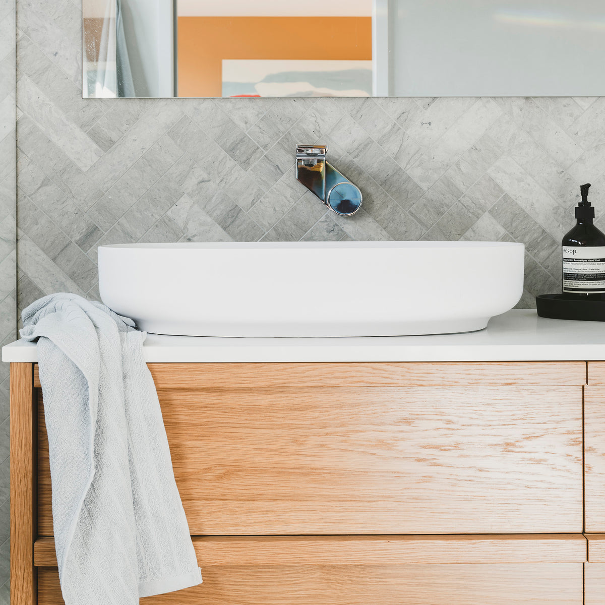 Natural Limestone Thala Grey Herringbone Honed Mosaic - lifestyle view