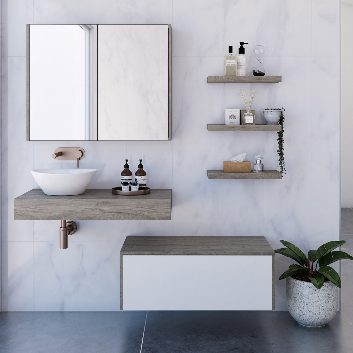900 Vanity Wall Hung Drawers Only with Basin & Laminate Top - lifestyle view
