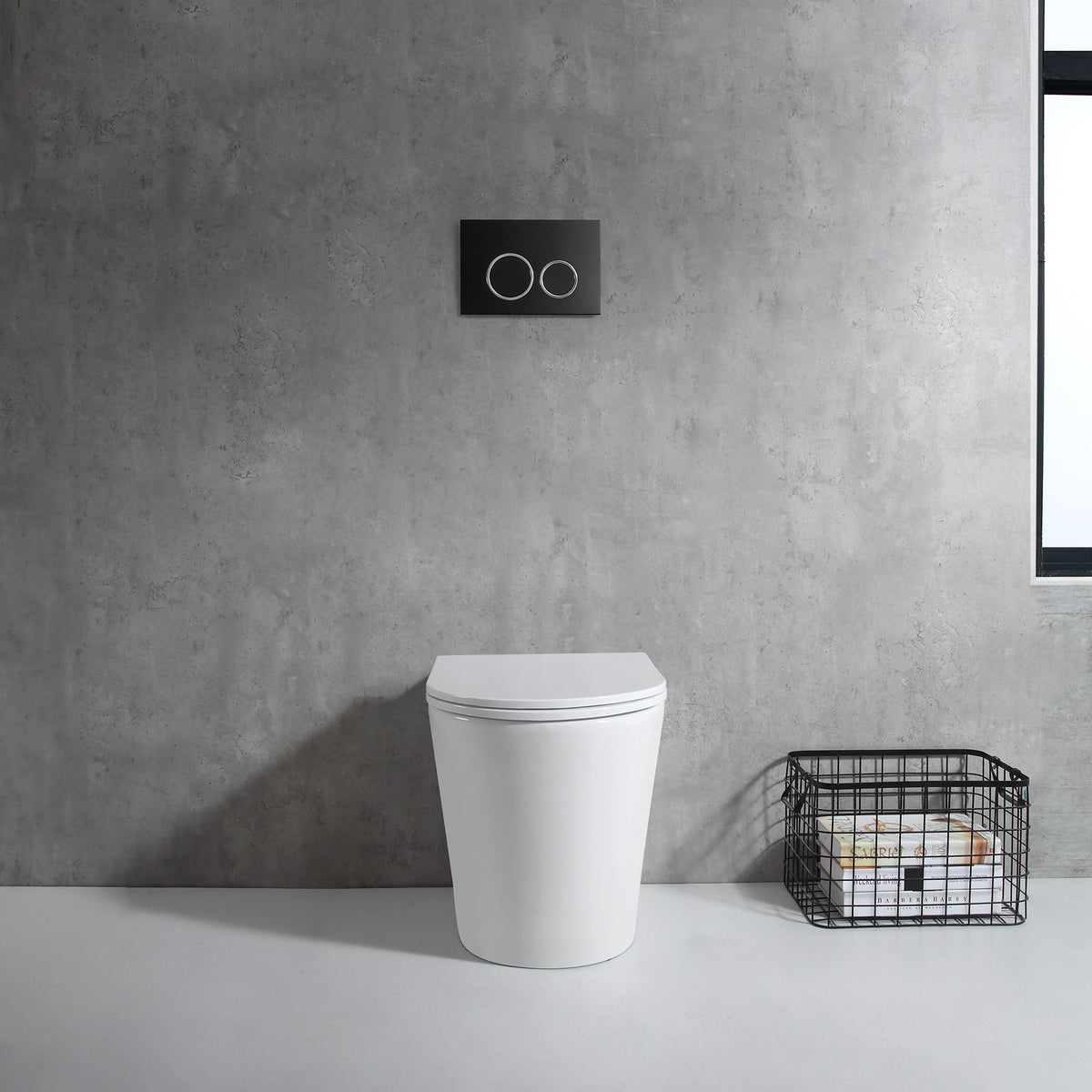 Rimless In-wall Toilet Suite S&P Trap with Round ABS Matte Black Button - lifestyle view
