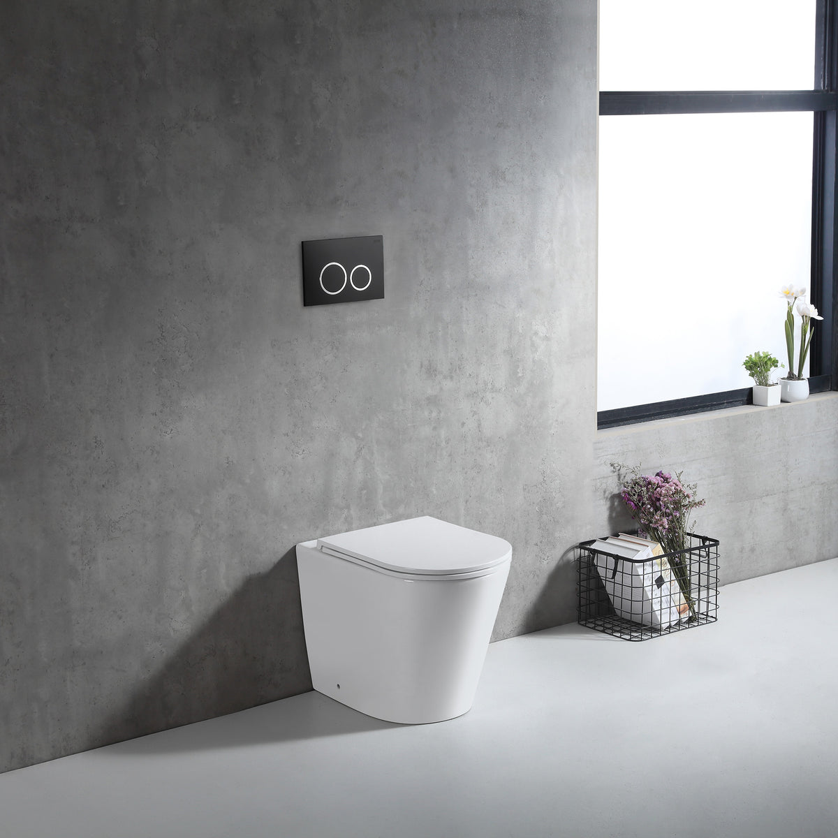 Rimless In-wall Toilet Suite S&P Trap with Round ABS Matte Black Button - lifestyle view