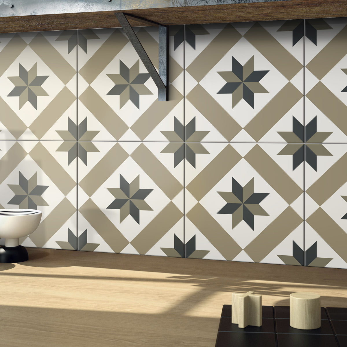 Victorian Star Taupe Matt Tile - lifestyle view
