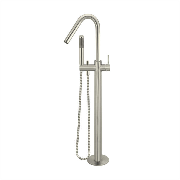 Floor Mounted Bath Mixer w Shower Curved Brushed Nickel