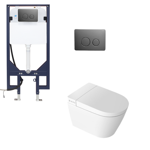 Smart Toilet Suite Wall Hung P Trap Round Metal Gun Metal Button
