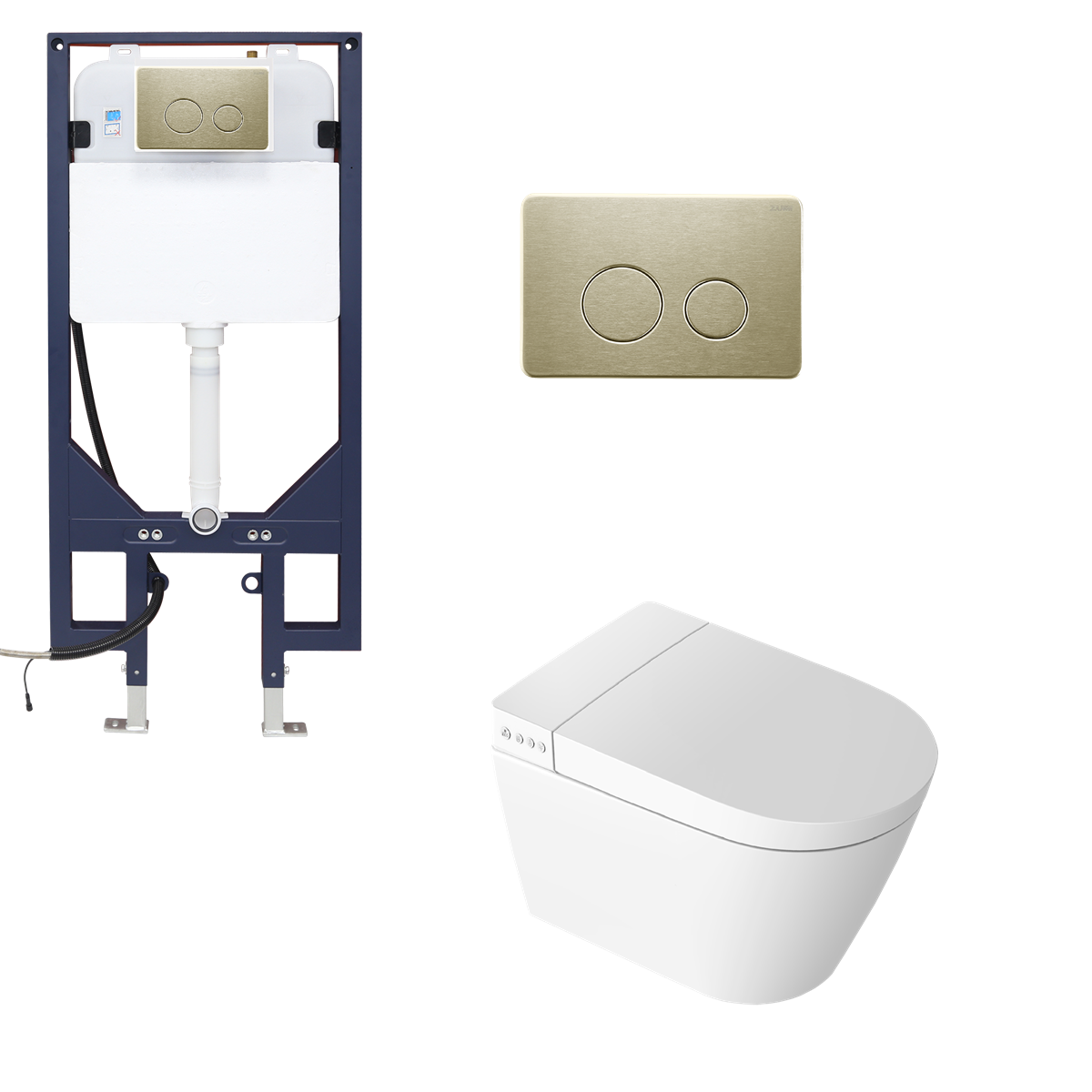 Smart Toilet Suite Wall Hung P Trap Round Metal Brushed Gold Button