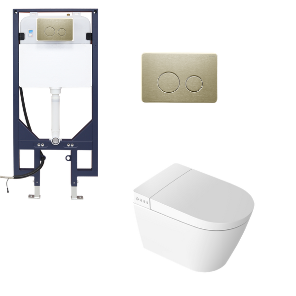 Smart Toilet Suite Wall Hung P Trap Round Metal Brushed Gold Button