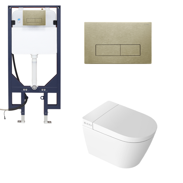 Smart Toilet Suite Wall Hung P Trap Square Metal Brushed Gold Button