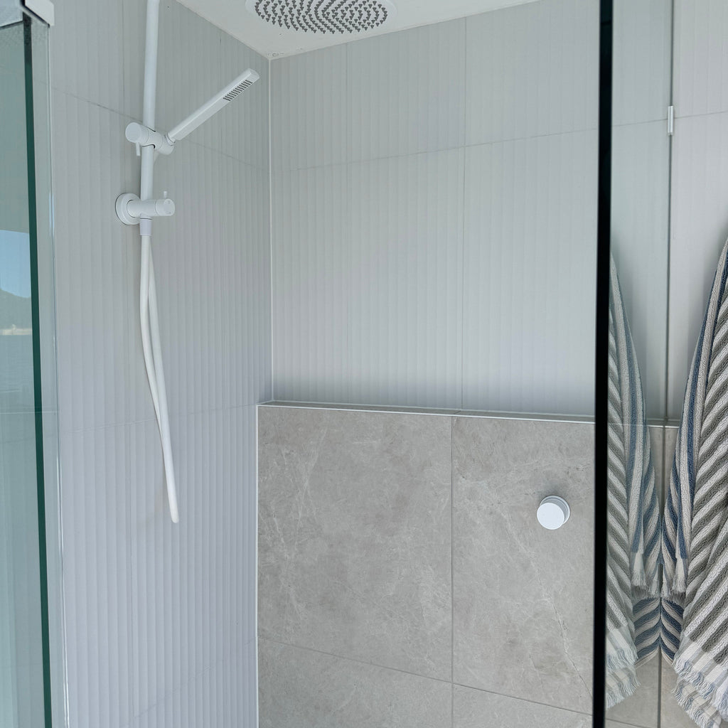 White Embossed Satin Tile - lifestyle view