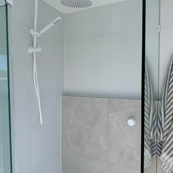 White Embossed Satin Tile - lifestyle view