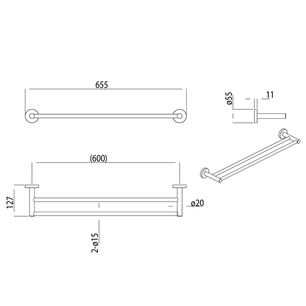 Double Towel Rail 600 Brushed Gun Metal