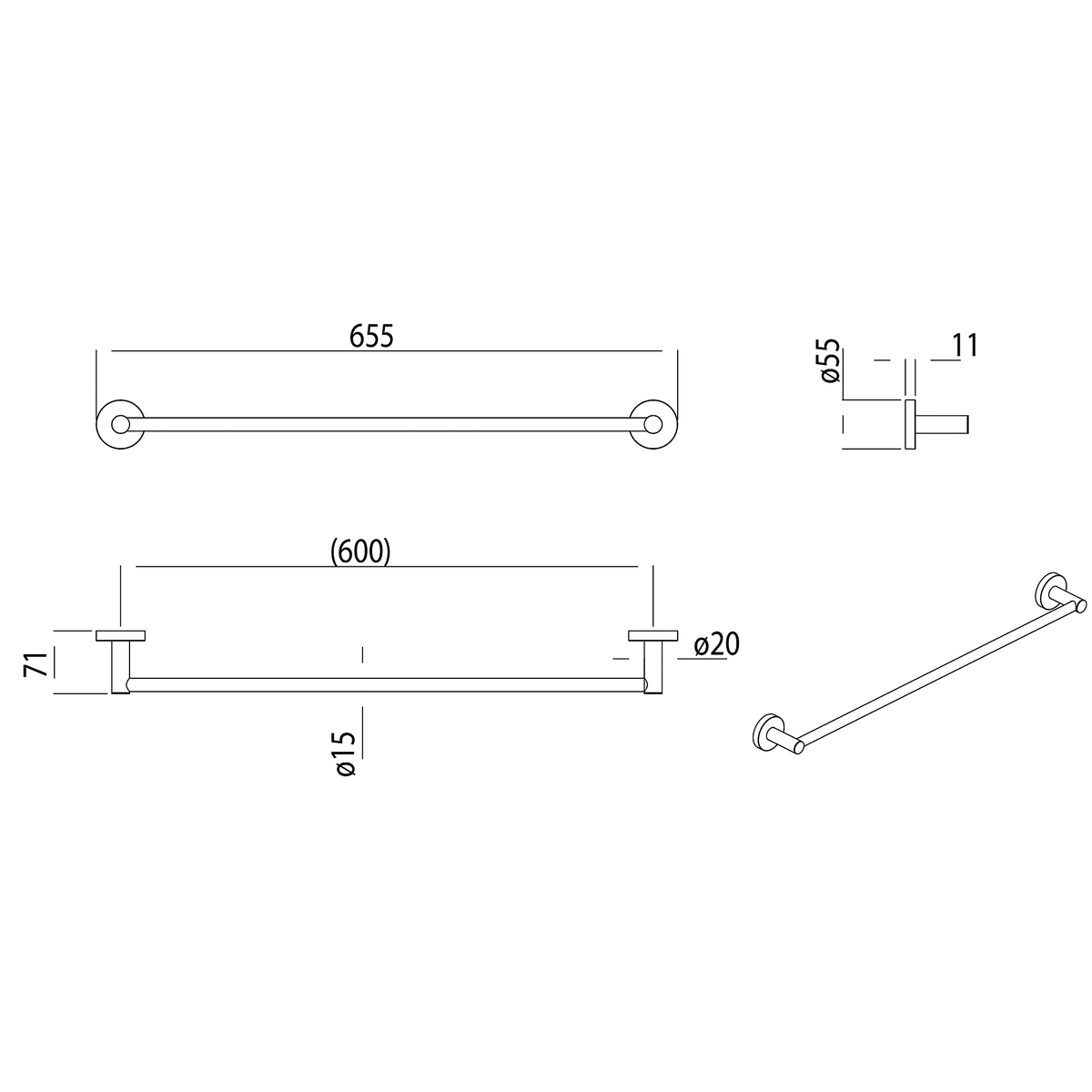 Single Towel Rail 600 Brushed Nickel