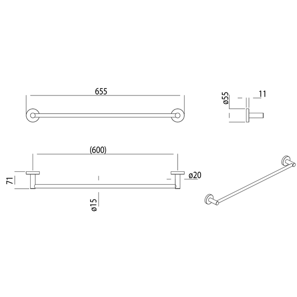 Single Towel Rail 600 Brushed Gold