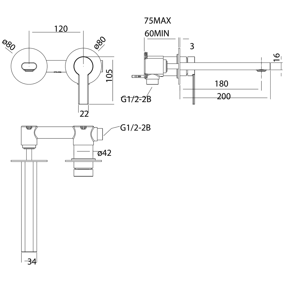 Wall Basin Set Straight 200 Brushed Nickel