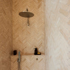 Natural Travertine Beige Connect Herringbone Honed Mosaic - lifestyle view