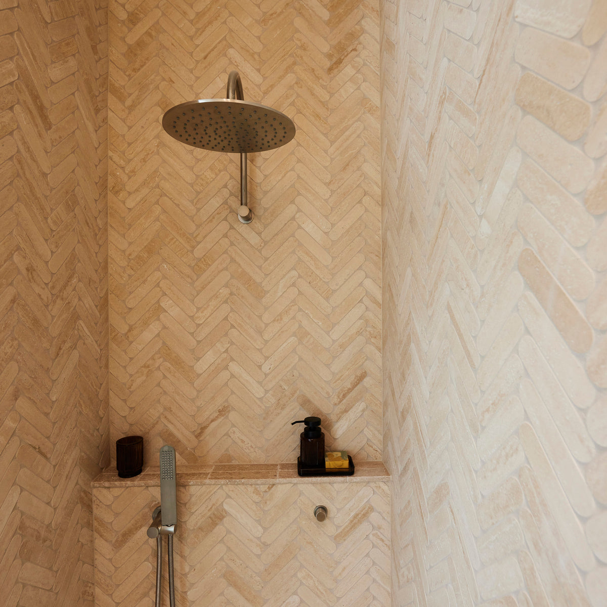 Natural Travertine Beige Connect Herringbone Honed Mosaic - lifestyle view