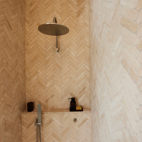 Natural Travertine Beige Connect Herringbone Honed Mosaic - lifestyle view