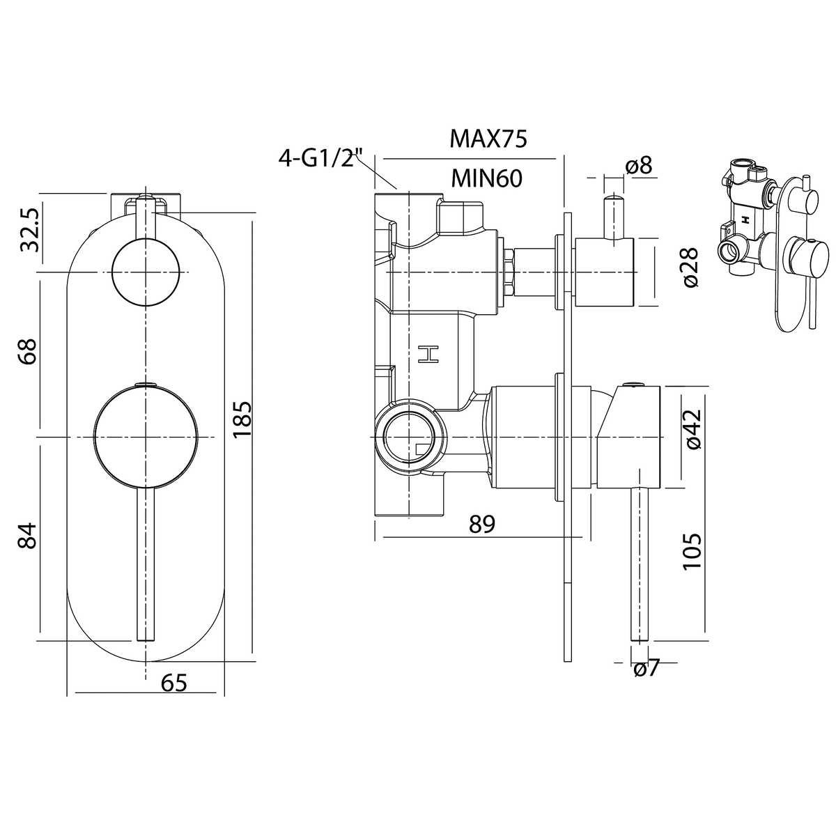 Wall/Shower Mixer W Divertor Brushed Copper