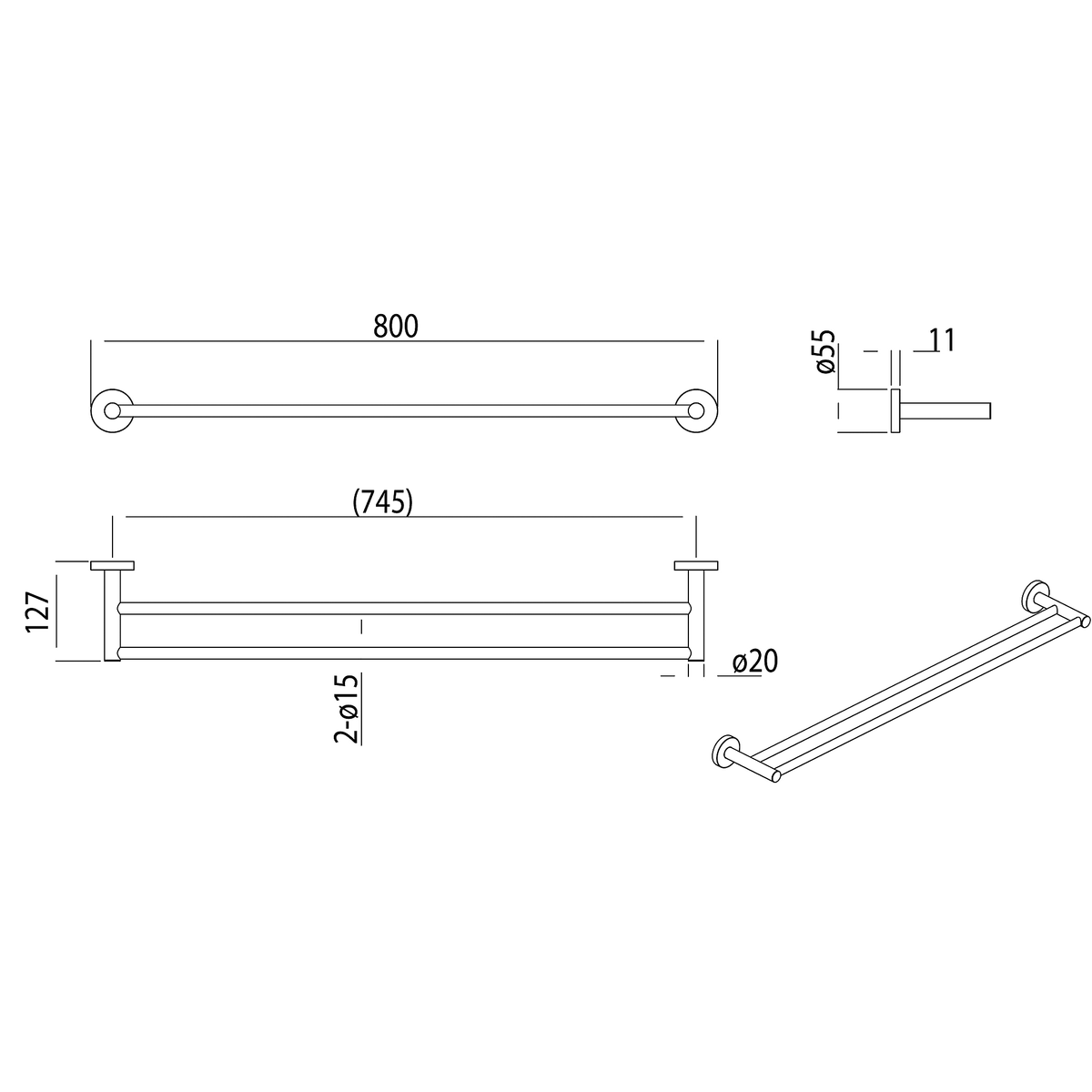 Double Towel Rail 750 Brushed Copper