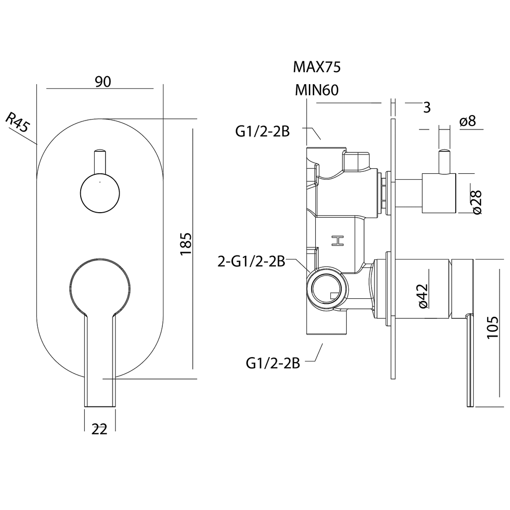 Wall/Shower Mixer W Divertor Brushed Copper