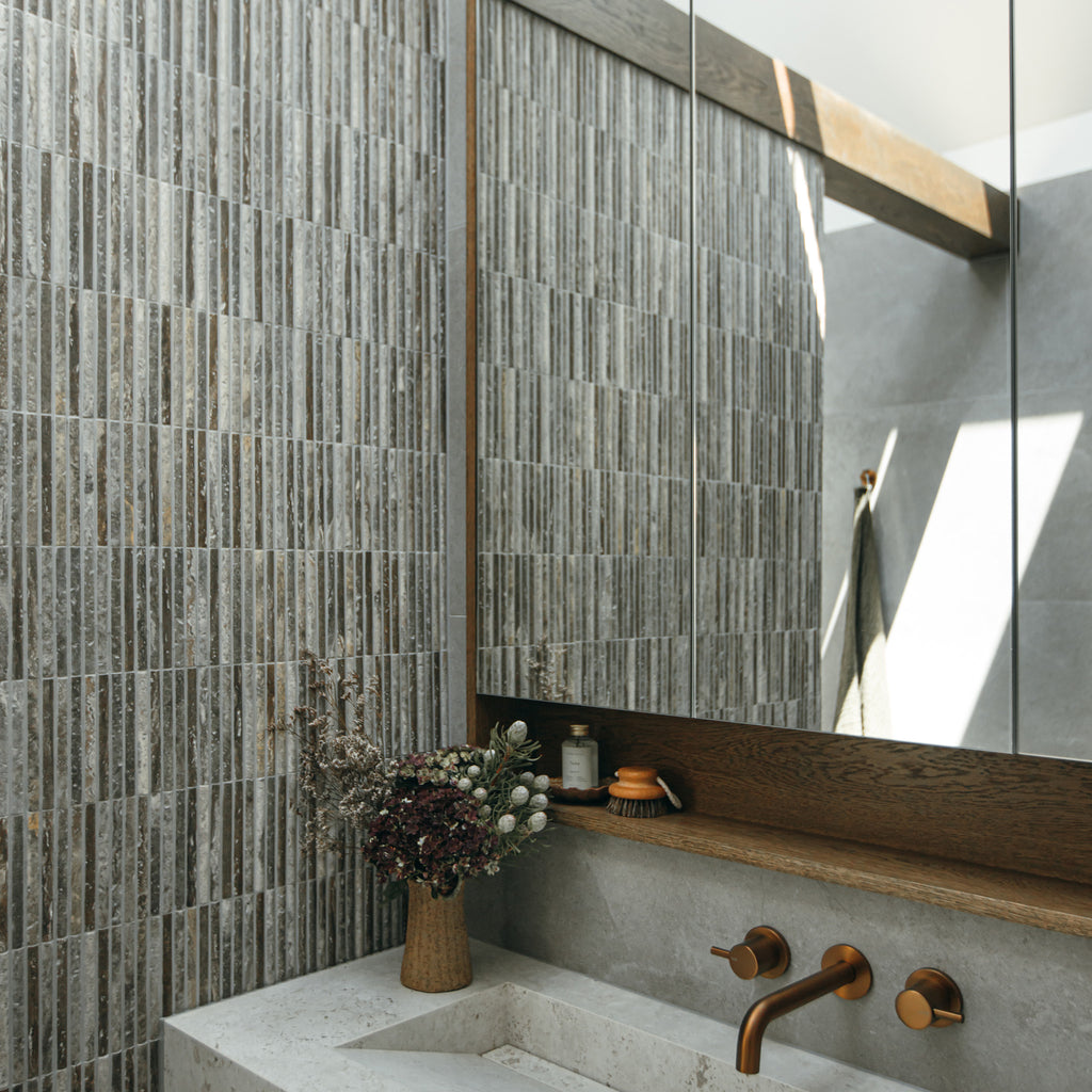 Natural Travertine Brown Embossed Honed Mosaic - lifestyle view