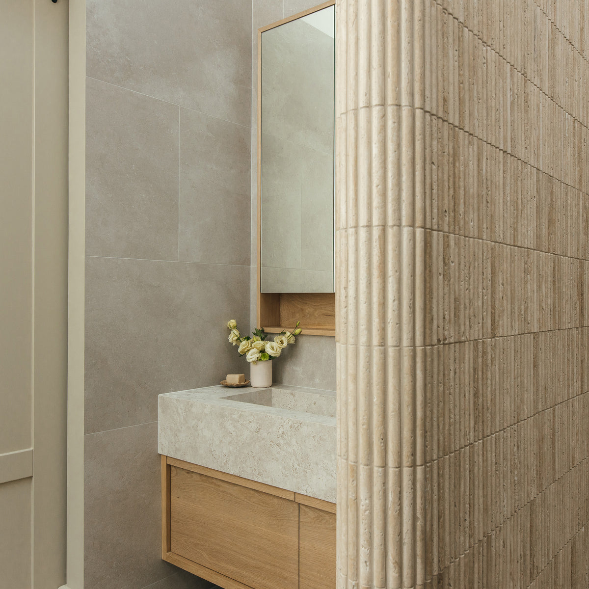 Natural Travertine Embossed Honed Mosaic - lifestyle view