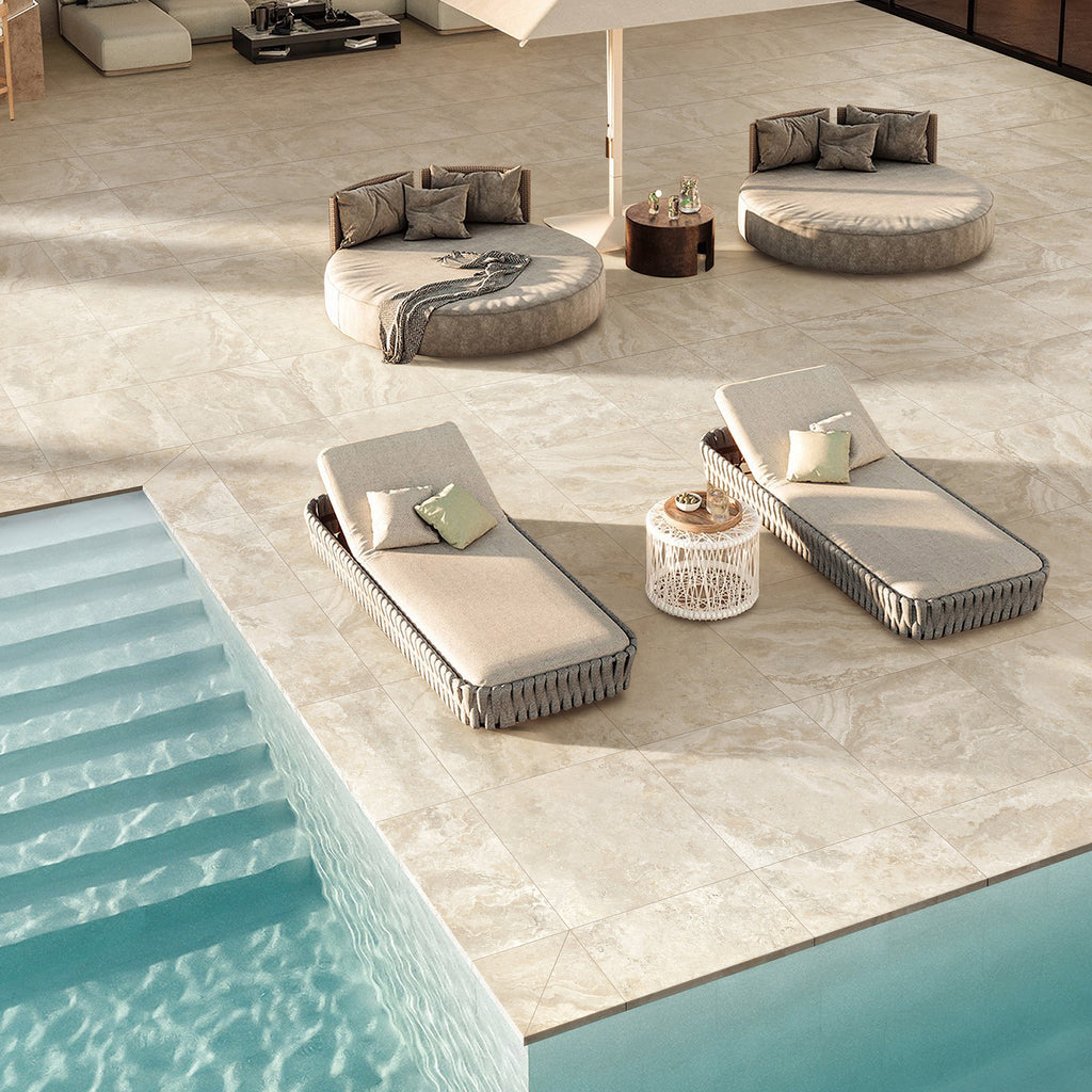 Travertine Crema Structured Textured L Coping 50mm Drop Paver (Pack of 2) - lifestyle view