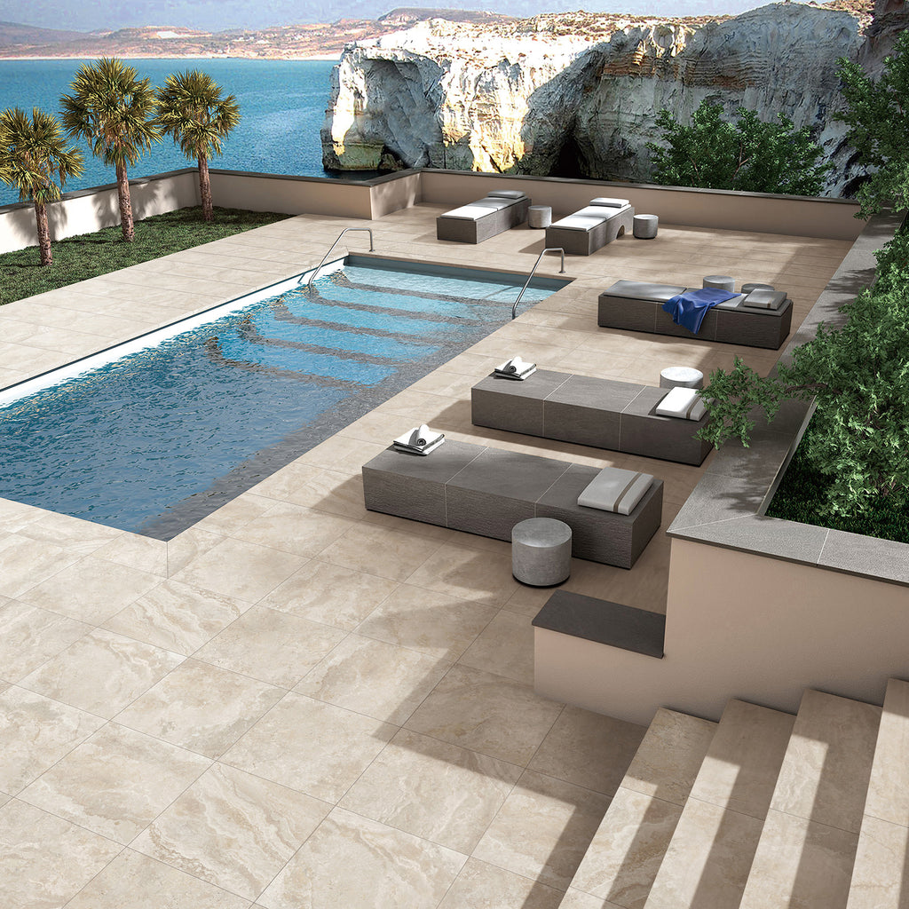 Travertine Crema Structured Textured L Coping 80mm Drop Paver (Pack of 2) - lifestyle view