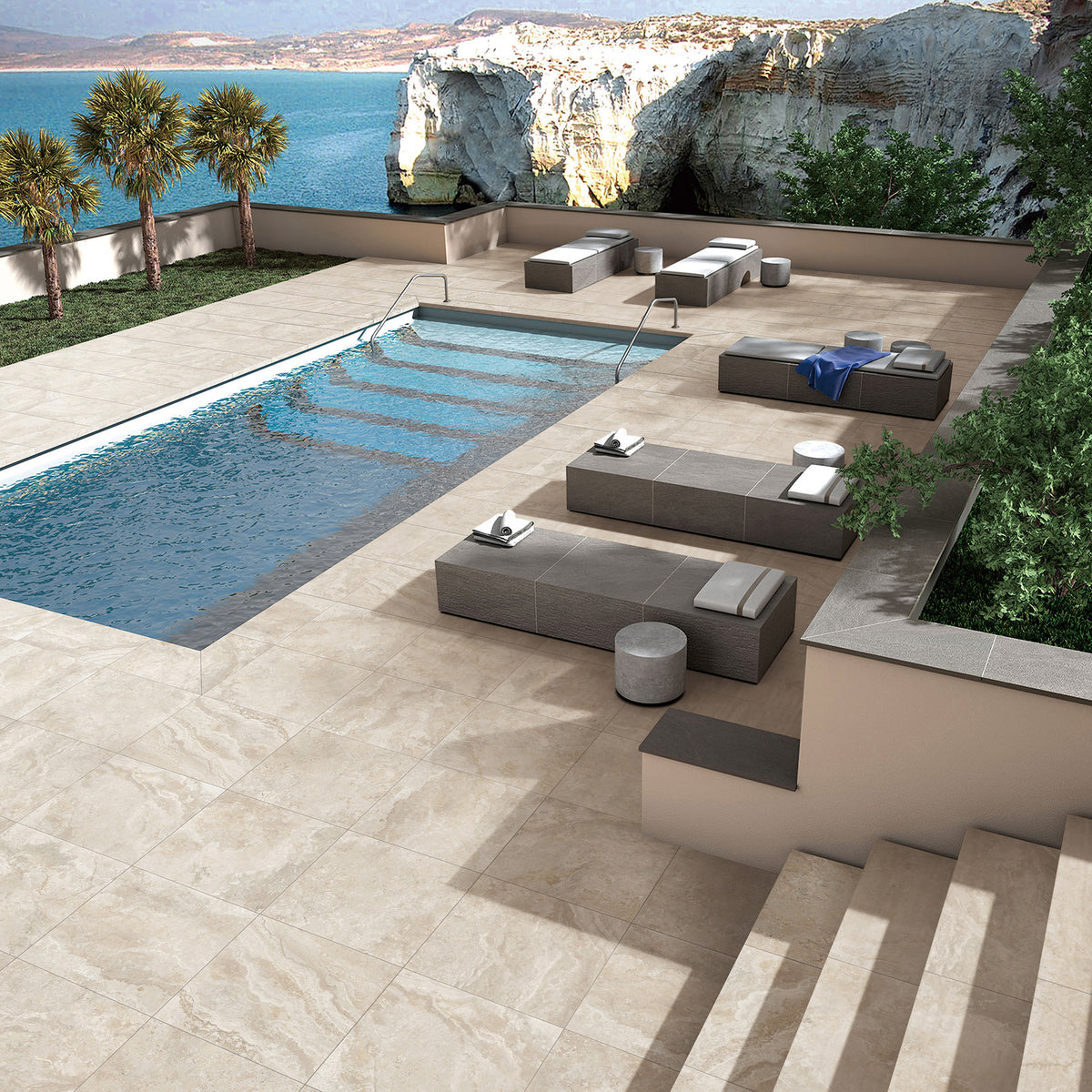 Travertine Crema Structured Textured L Coping 80mm Drop Paver (Pack of 2) - lifestyle view