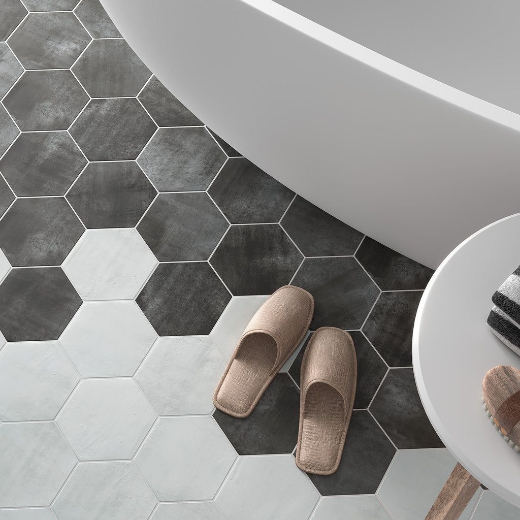 Hexagon Graphite Structured Textured Tile - lifestyle view