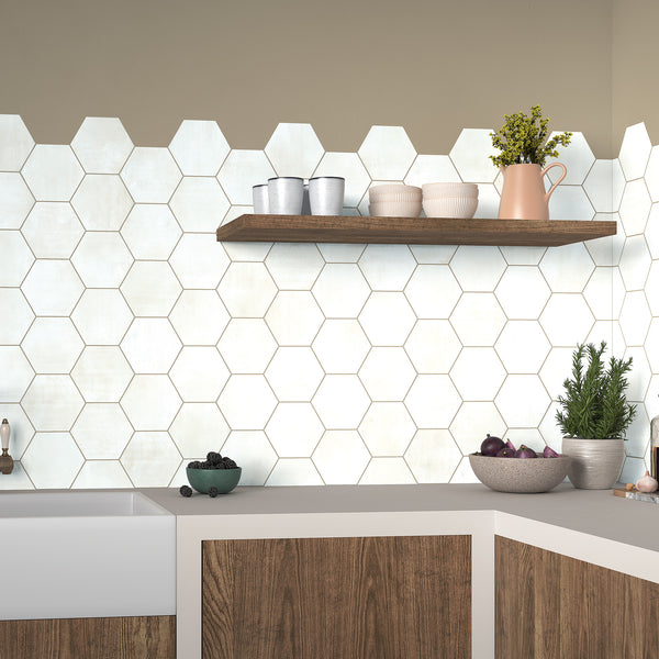 Hexagon White Structured Textured Tile - lifestyle view