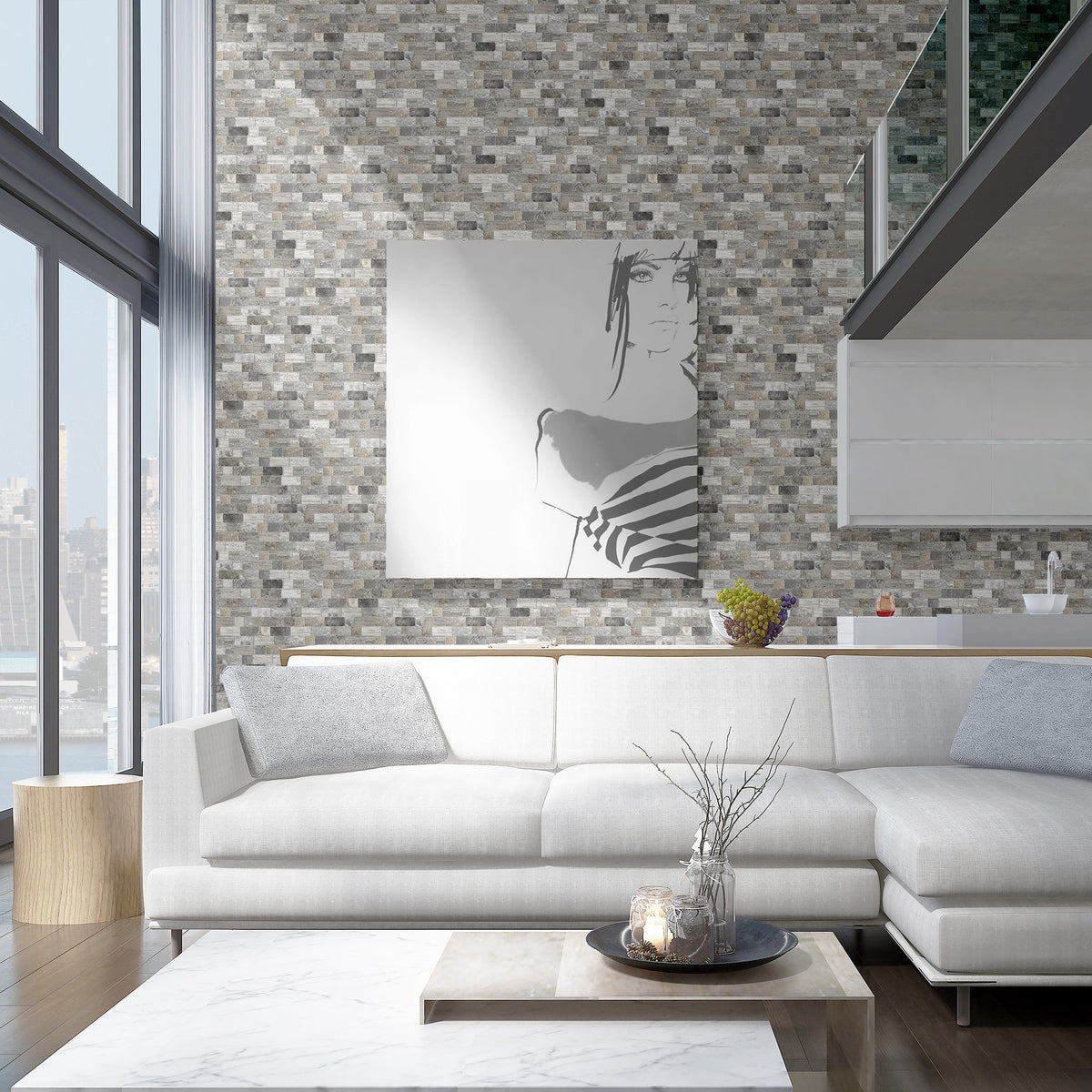 Travertine Modular Grey Textured Tile - lifestyle view