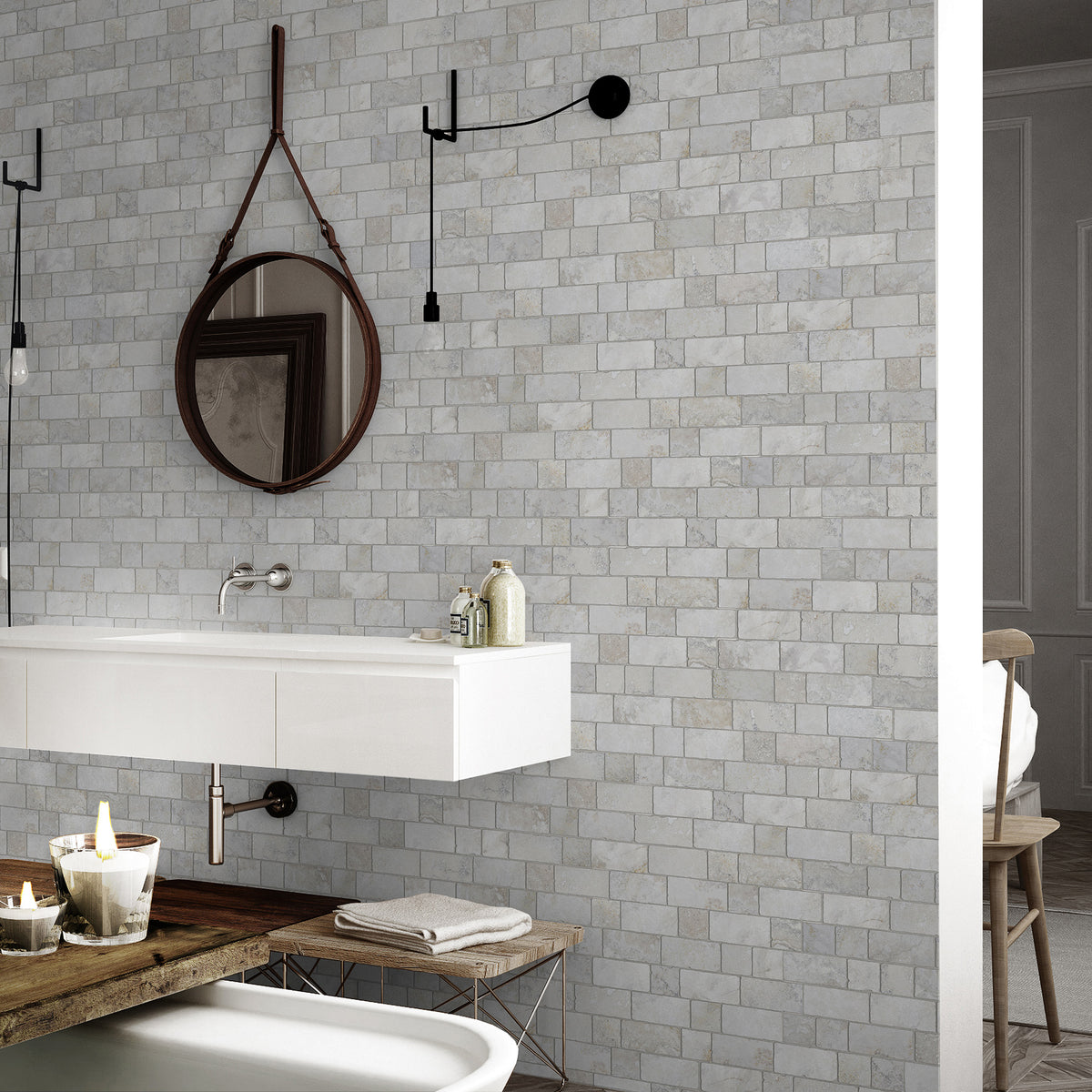 Travertine Modular White Textured Tile - lifestyle view