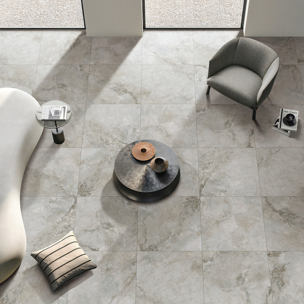 Travertine Greige Silk Tile - lifestyle view