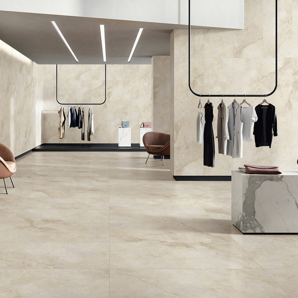 Travertine Beige Hilite Silk Tile - lifestyle view
