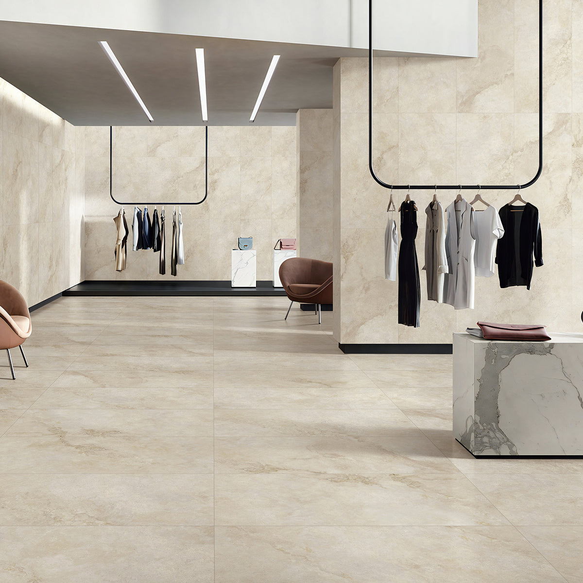 Travertine Beige Hilite Silk Tile - lifestyle view
