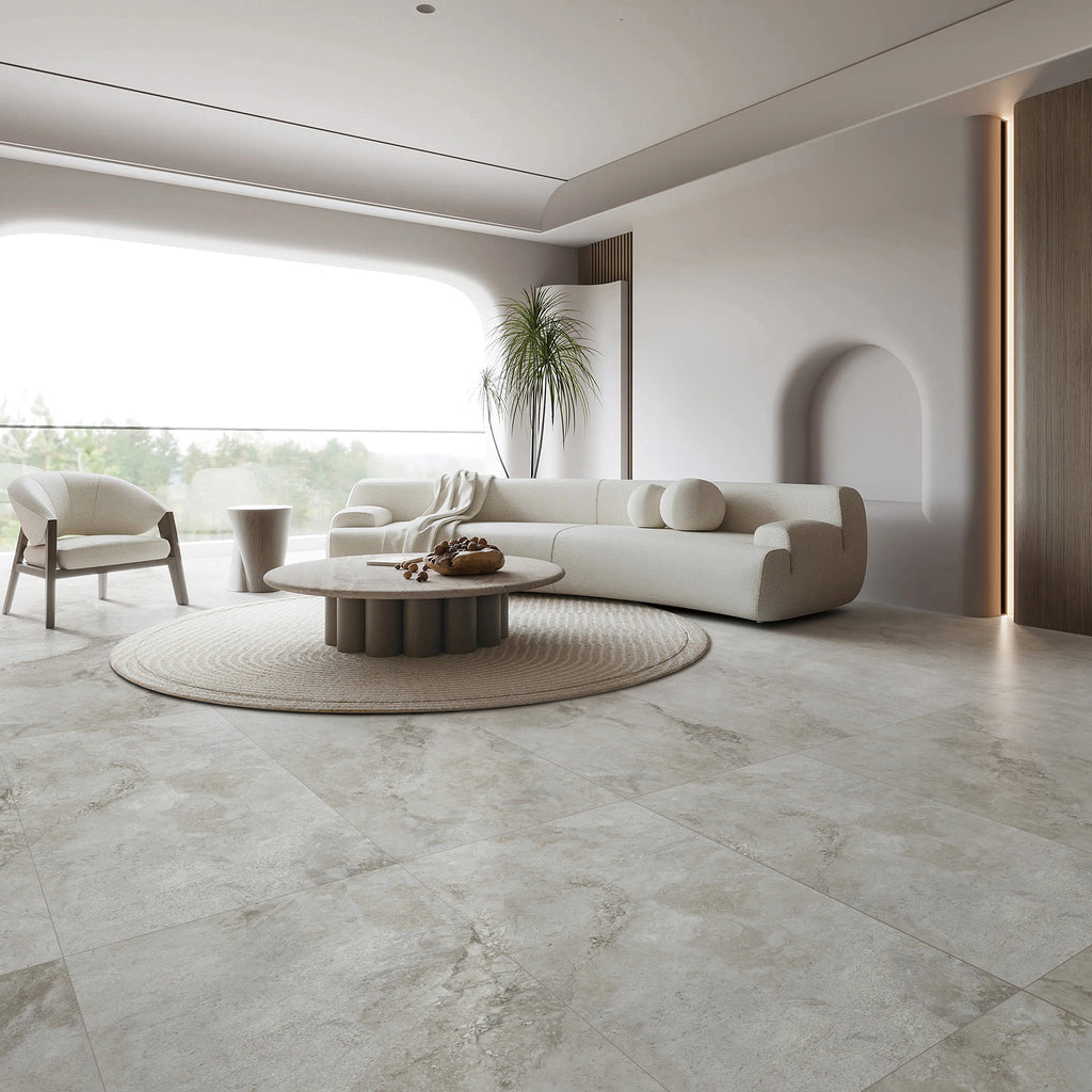 Travertine Greige Hilite Silk Tile - lifestyle view