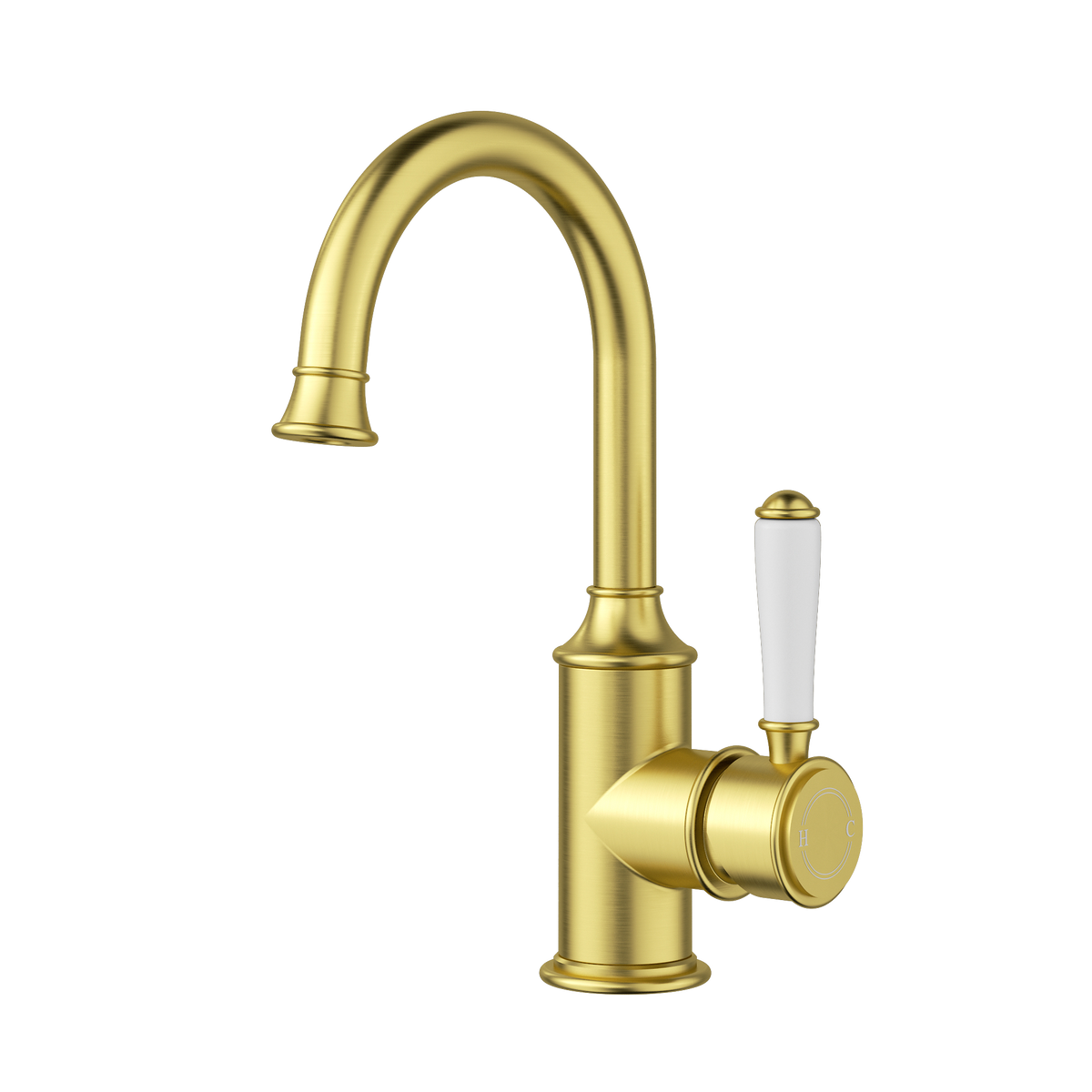 Gooseneck Basin Mixer Ceramic Handle Brushed Gold
