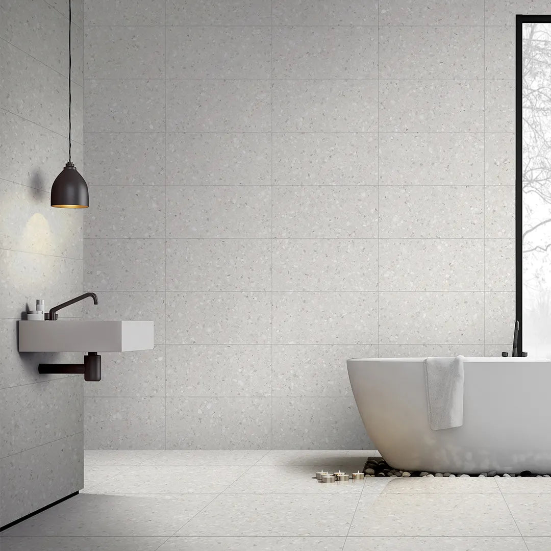 Terrazzo White Textured Tile - lifestyle view