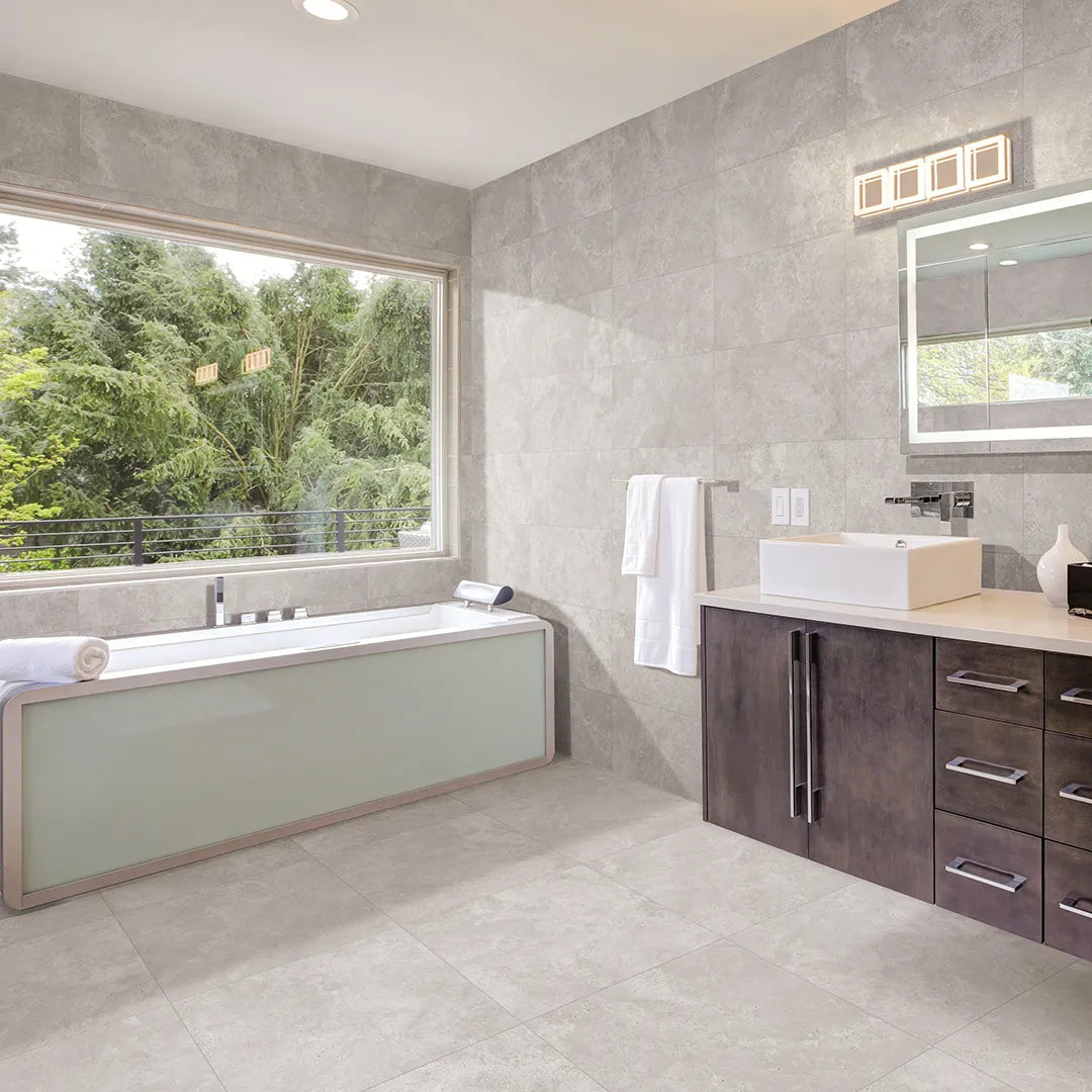 Travertine Grey Textured Tile - lifestyle view