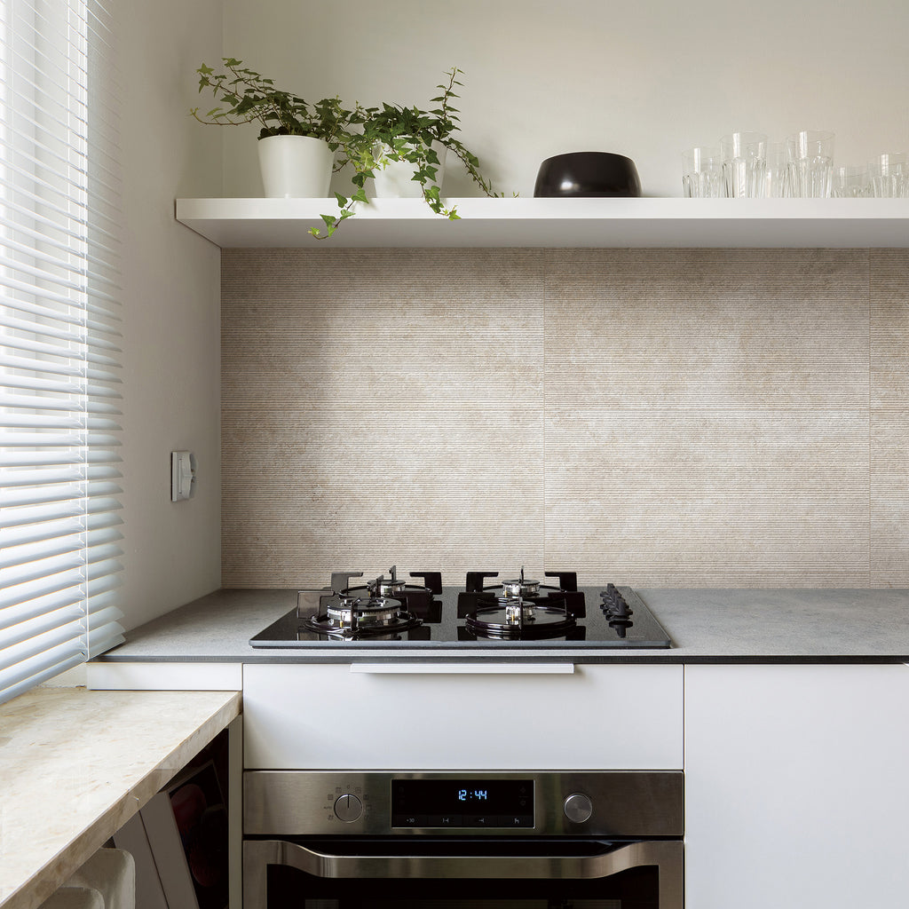 Travertine Carved Crema Embossed Matt Tile - lifestyle view
