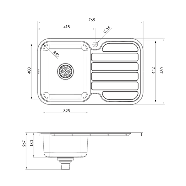 1000 Single L/H Bowl Sink W/-Drainer 1TH Stainless Steel