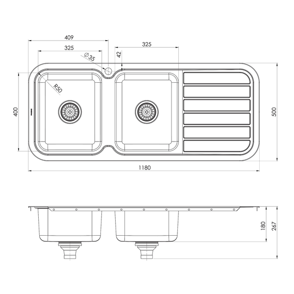 1000 Double L/H Bowl Sink W/-Drainer 1TH Stainless Steel