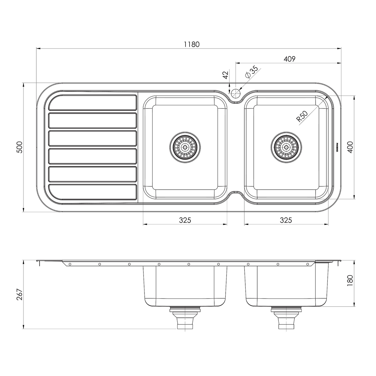 1000 Double R/H Bowl Sink W/-Drainer 1TH Stainless Steel