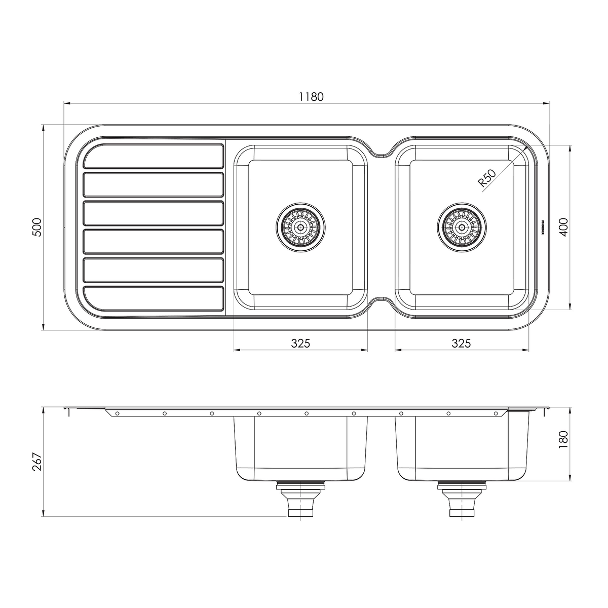 1000 Double Bowl Sink W/-Drainer NTH  Stainless Steel