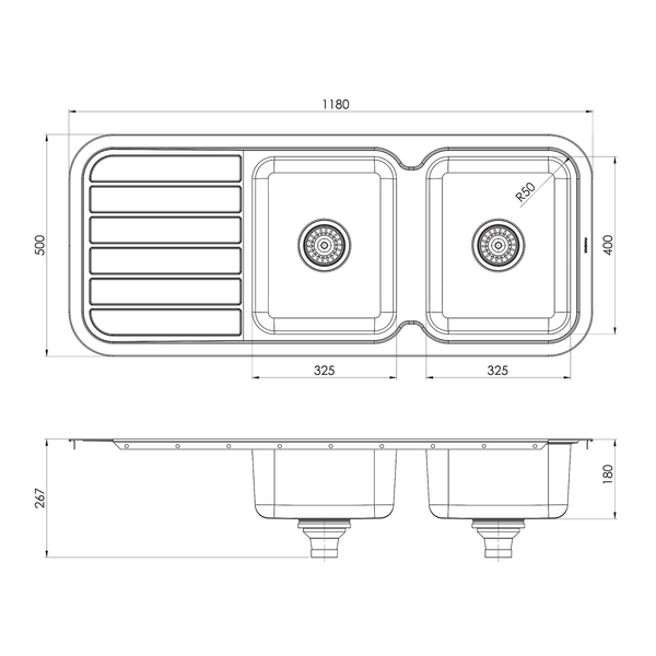 1000 Double Bowl Sink W/-Drainer NTH  Stainless Steel