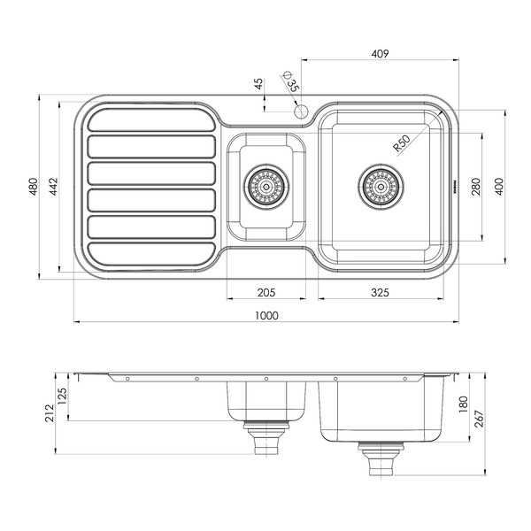 1000 1-1/3 R/H Bowl Sink W/-Drainer 1TH Stainless Steel